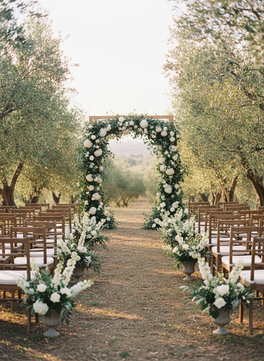 A serene outdoor ceremony setup in an olive grove, without any people, designed for a sophisticated wedding celebration. Rows of simple wooden chairs with ivory cushions form a natural aisle lined with low arrangements of olive branches and white flowers in stone-colored vases. At the end, a minimalist arch crafted from slender wooden beams is fully adorned with cascading olive foliage and subtle white blooms. Soft golden hour light filters through the silvery-green olive leaves, casting dappled patterns on the ground. The camera captures a wide-angle view at eye level, with a sharp foreground and slightly softened background, creating a tranquil, romantic atmosphere in photographic realism, ideal for showcasing the wedding’s location and theme.