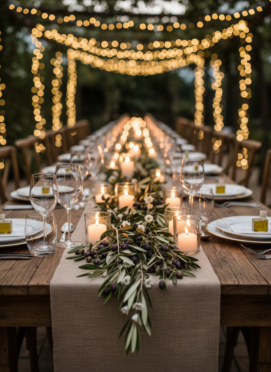 A romantic evening reception table scene for an olive-themed wedding, captured in photographic realism. A long wooden table with a natural grain finish is draped with a runner of fresh olive branches, interwoven with tiny white blossoms and clusters of dark purple olives. Clear glass votive candles cast a warm, flickering glow, reflecting softly on crystal wine glasses and simple white ceramic plates. In the distant, blurred background, fairy lights create a soft bokeh, suggesting a garden setting without showing any people. The image is shot at a slightly low angle along the length of the table, emphasizing depth and intimacy. The atmosphere is warm, sophisticated, and celebratory, perfect for illustrating the dinner or reception section of an “Oliven Hochzeit” website.